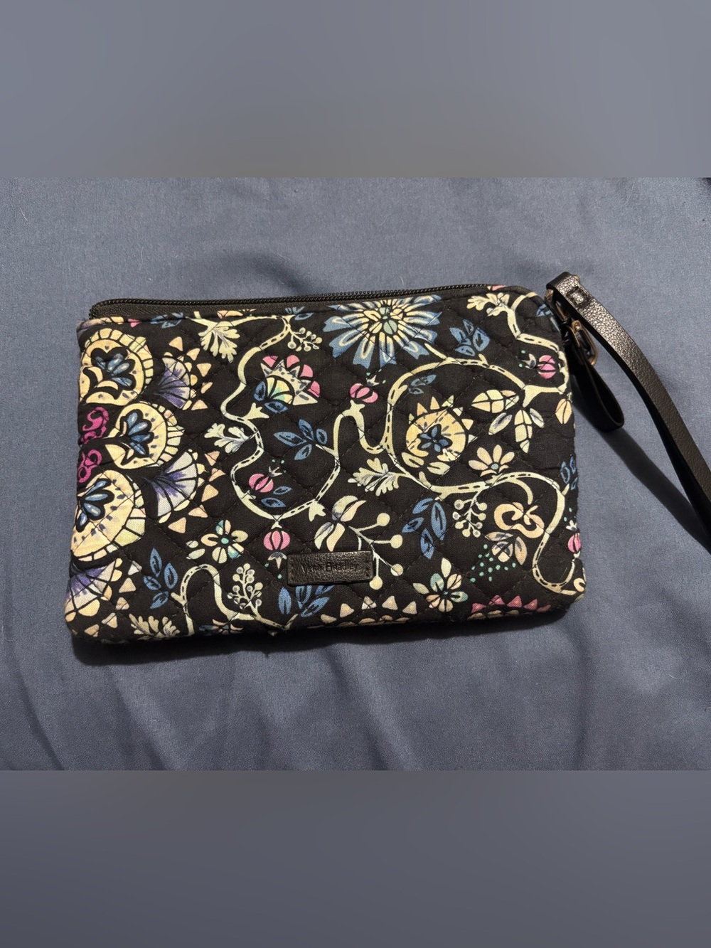 Vera Bradley Black Quilted Floral Wristlet with Blue, Pink & Cream Accents